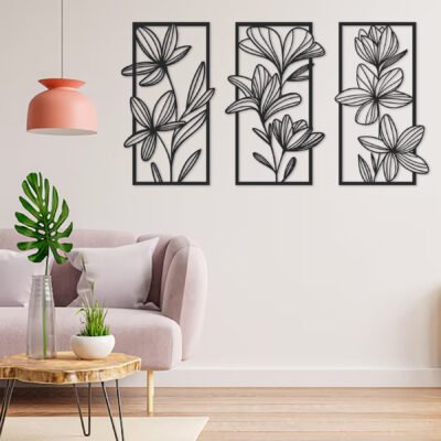 "3-Piece Floral MDF Wall Decor Triptych Wood Art for Living Room".
