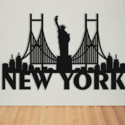 "New York Statue of Liberty and Brooklyn Bridge MDF Wood Art for Modern Office".