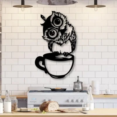 Sale "Cute Owl Sitting on Cup MDF Wood Decorative Wall Art for Kitchen".